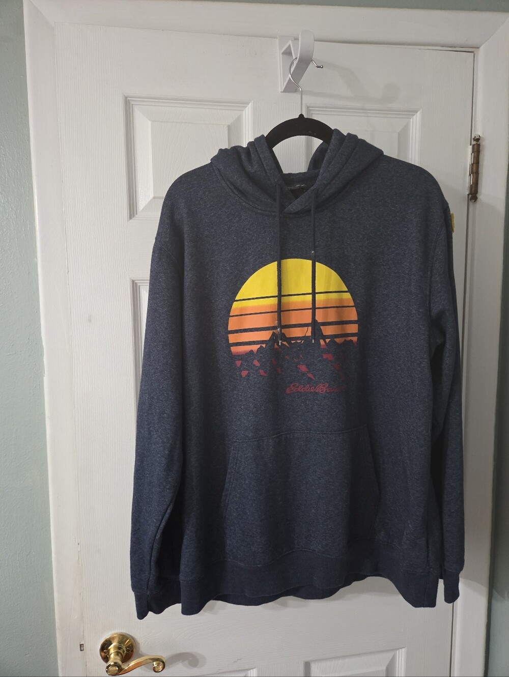 Eddie Bauer Navy Crewneck Hoodie with Yellow and Orange Sunset Graphic
